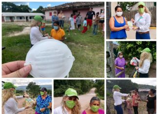 Milagros Gonzales entrega alimentos y mascarillas a un grupo de mujeres del departamento de Francisco Morazan.