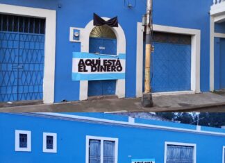 Sede del Partido Nacional amanece con rotulo que asegura » Aquí esta el dinero»