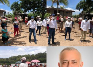 Diputados Renan Inestroza y Karlo Villatoro entregan ayuda en el municipio de Marale.