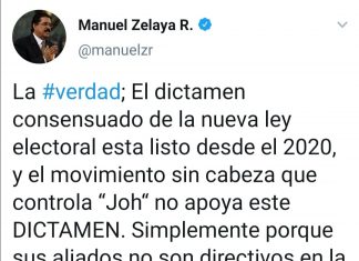 Manuel Zelaya denuncia que la nueva ley electoral no se aprueba porque el «movimiento sin cabeza» quiere que sus aliados sean directivos en las mesas electorales.