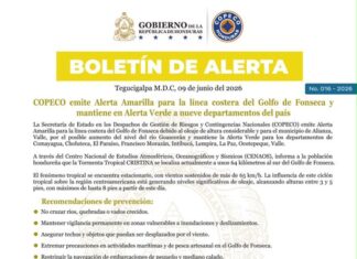 Copeco declara Alerta Amarilla para la línea costera del Golfo de Fonseca y mantiene Alerta Verde en nueve departamentos