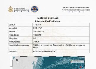 Sismo de magnitud 5.3 sacude el mar Caribe frente a Gracias a Dios