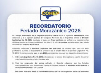 Sector privado iniciará el Feriado Morazánico al mediodía del 7 de octubre